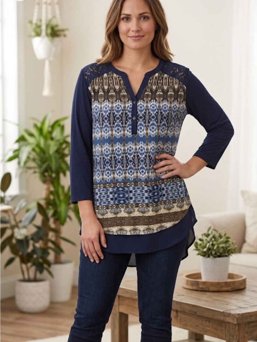 Elegant‎ Blue Patterned Women's Blouse